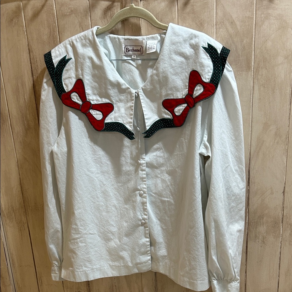 Bechamel- Vintage White Shirt with Red and Green Bow Details